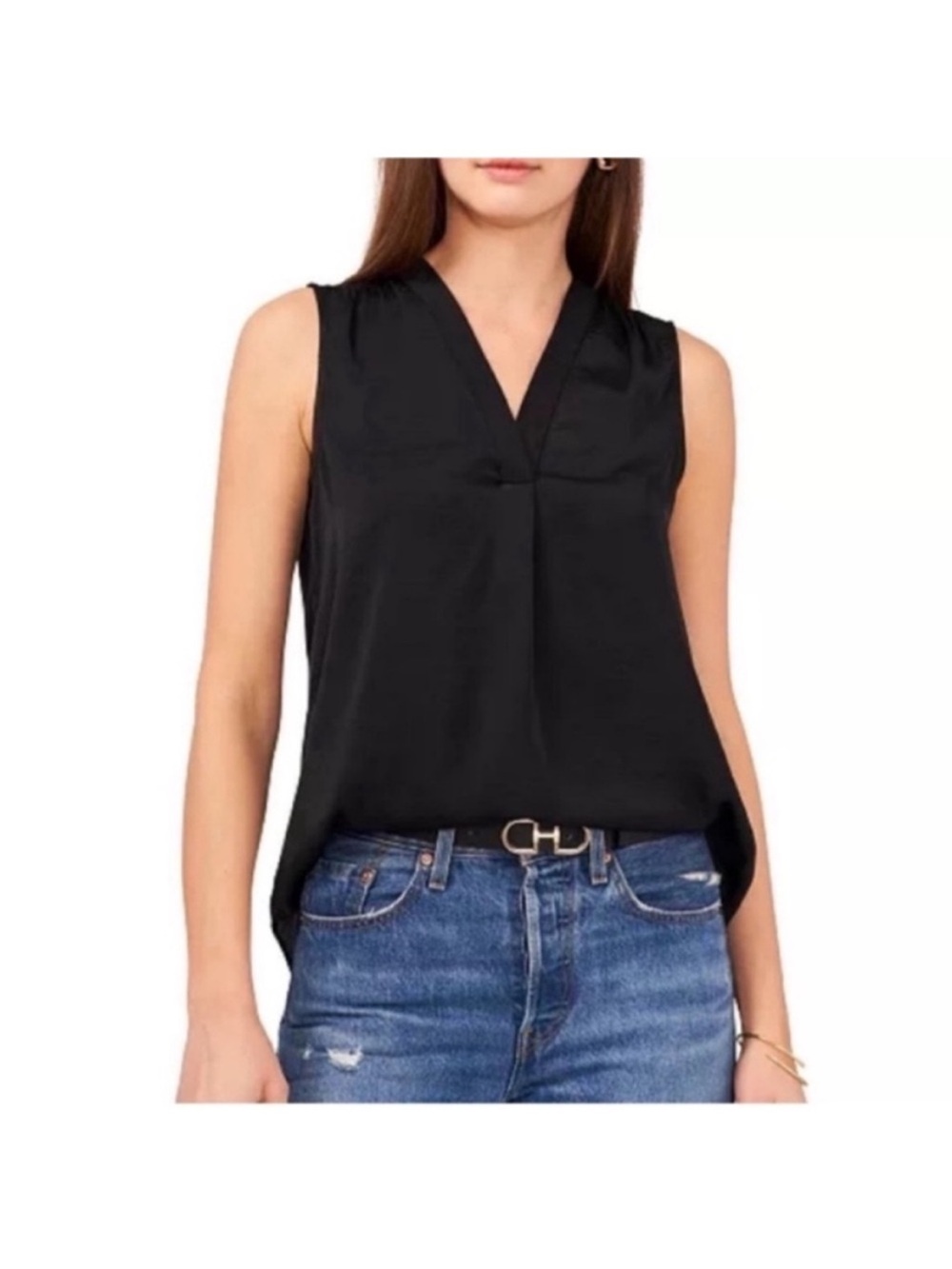 Vince camuto v neck pleated relaxed fit sleeveless blouse essentials